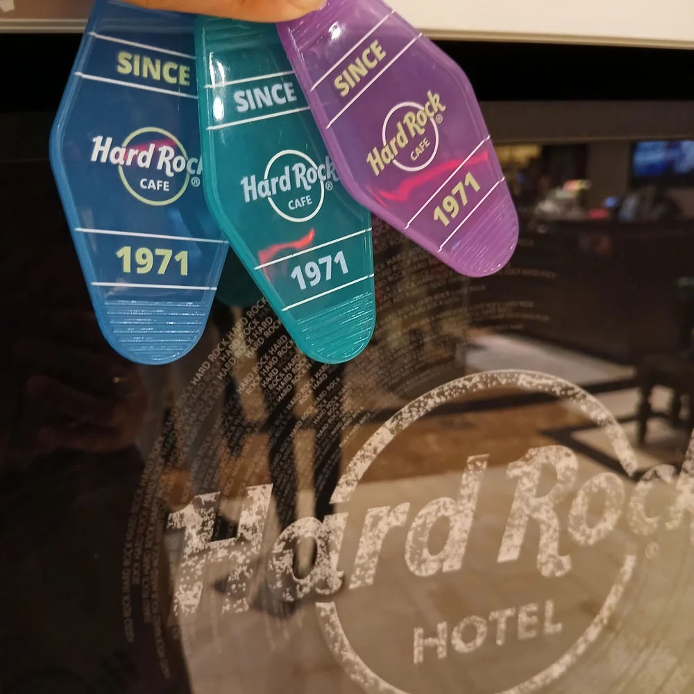 Hard Rock Cafe Keychains - Pink, Teal, Light Blue Retro Room Key Plastic Rocker